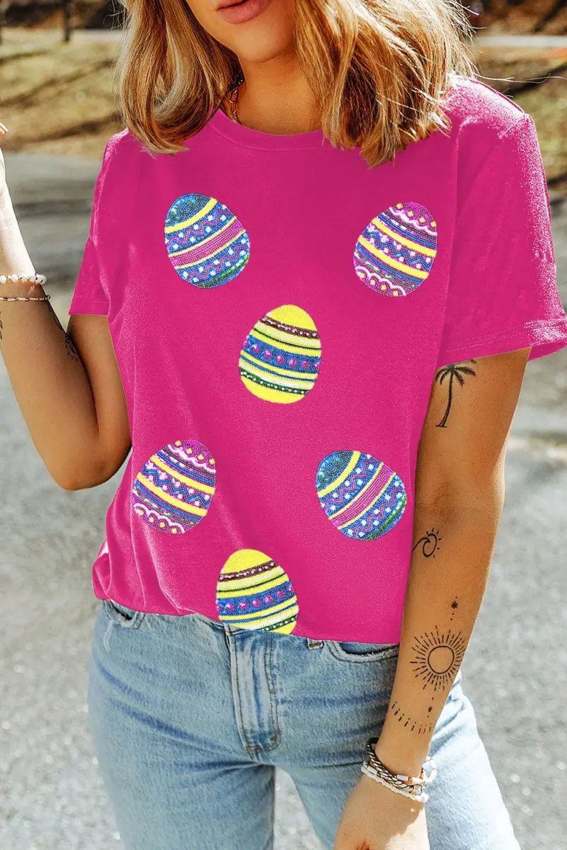 T-Shirts Love Salve Rose Red Sequin Easter Tee Women's Casual Summer T-Shirt - Sparkly & Festive