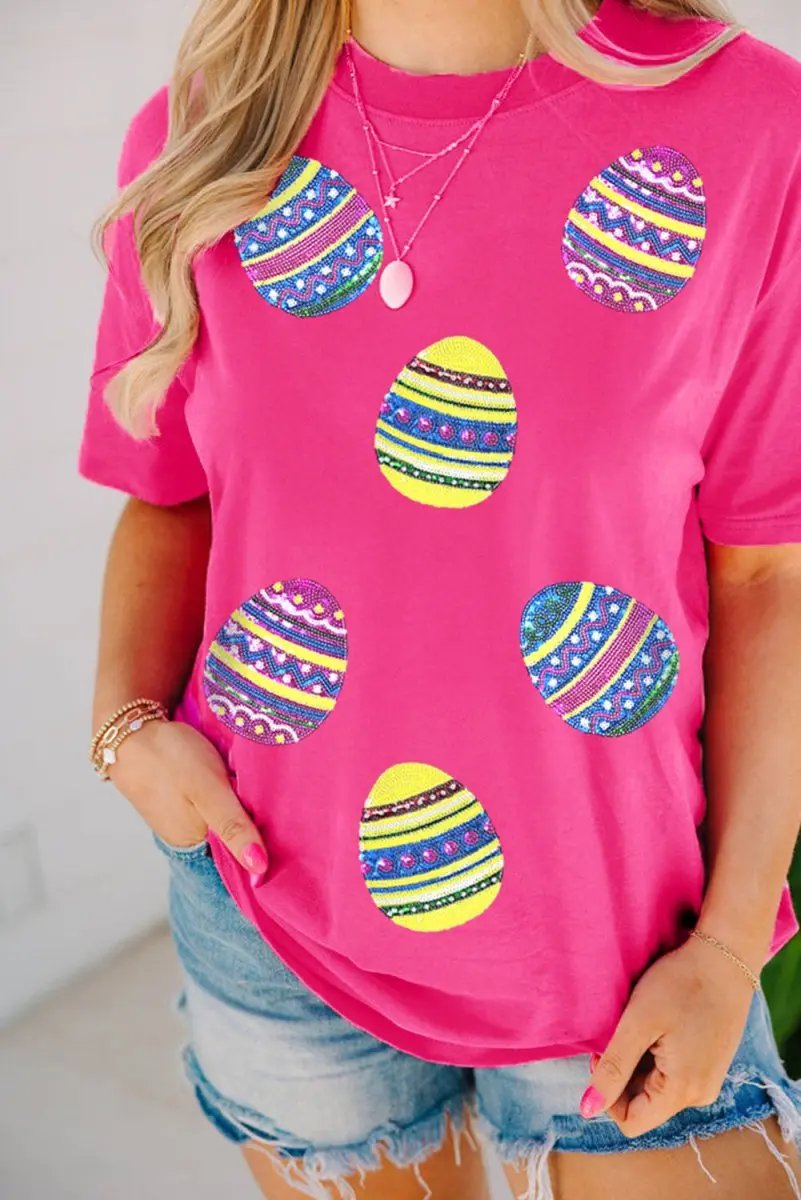 T-Shirts Love Salve Rose Red Sequin Easter Tee Women's Casual Summer T-Shirt - Sparkly & Festive