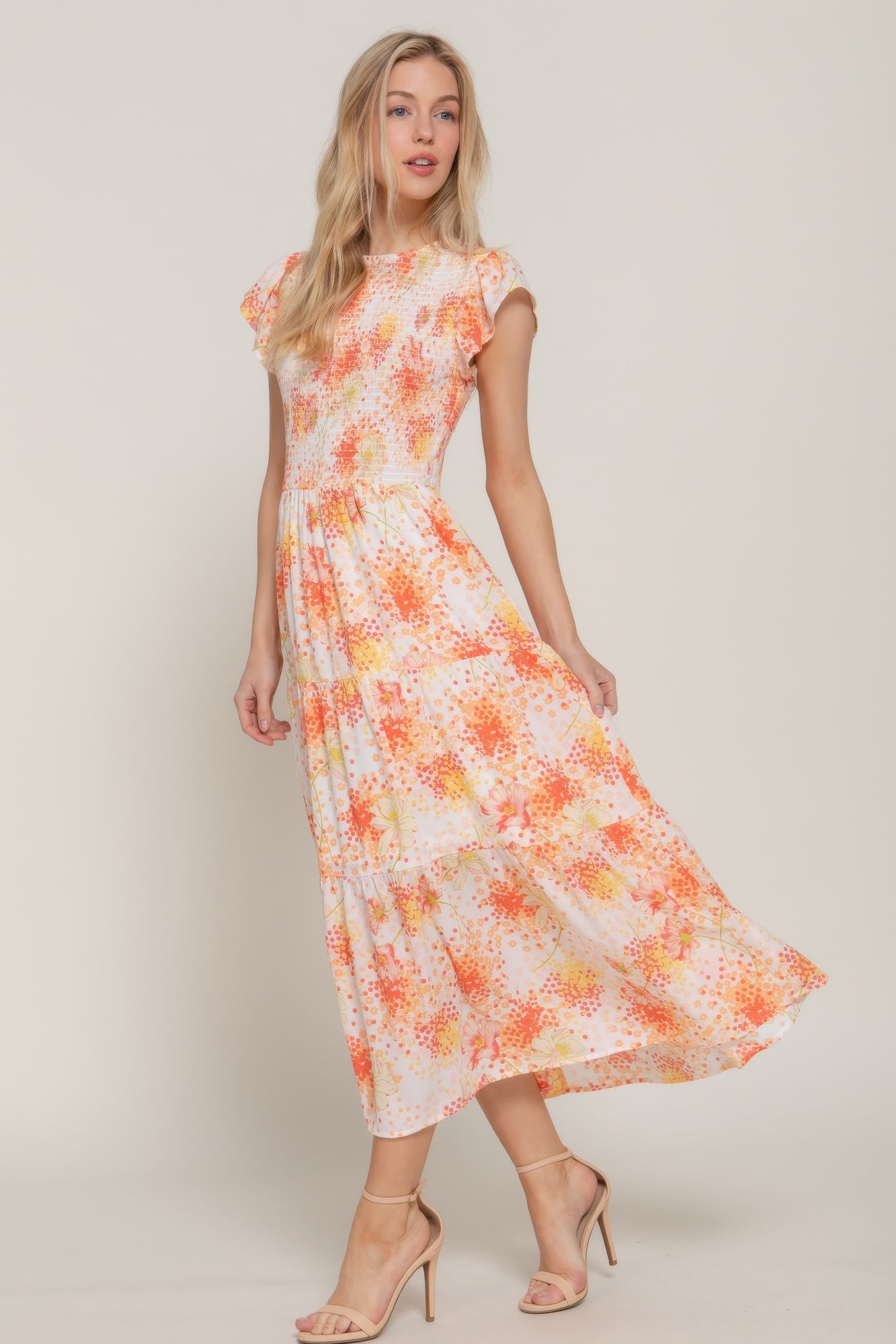 Ruffl Slv Smocked Floral Print Dresss
