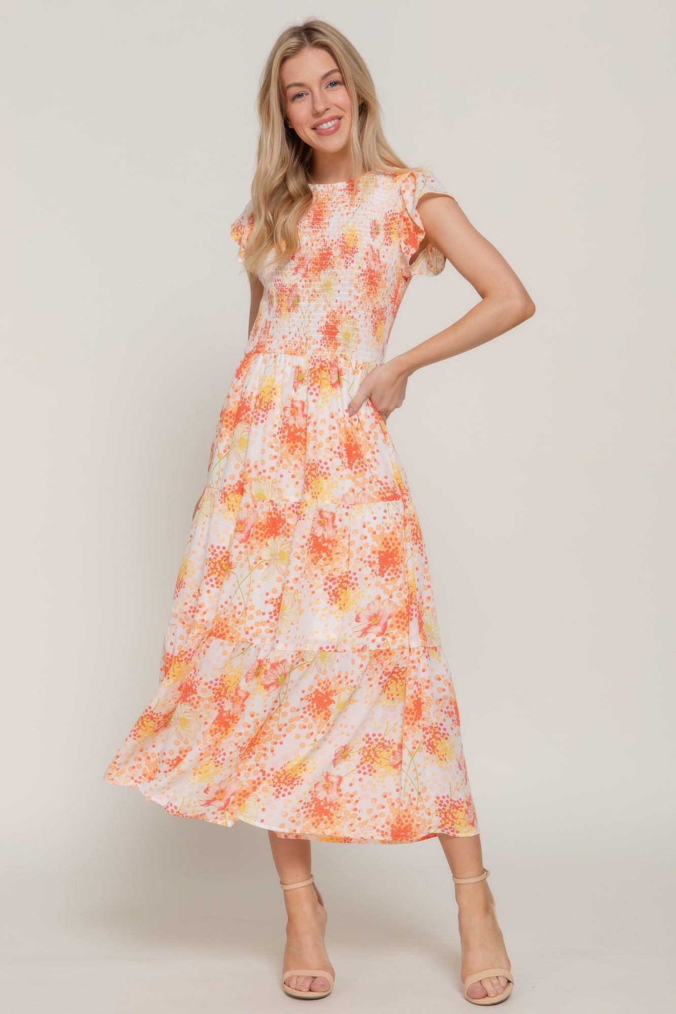 Ruffl Slv Smocked Floral Print Dresss
