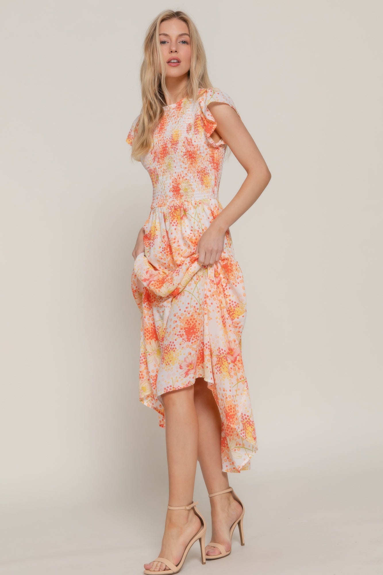Ruffl Slv Smocked Floral Print Dresss