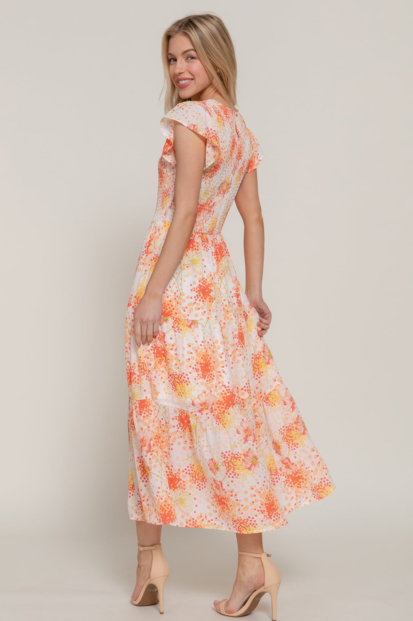 Ruffl Slv Smocked Floral Print Dresss