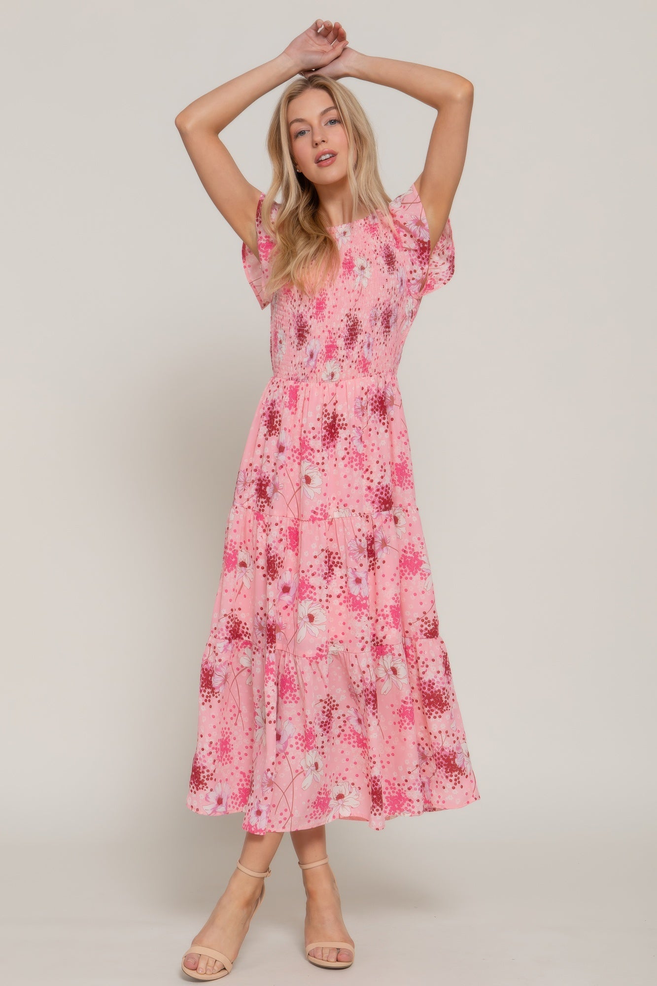 Ruffl Slv Smocked Floral Print Dresss