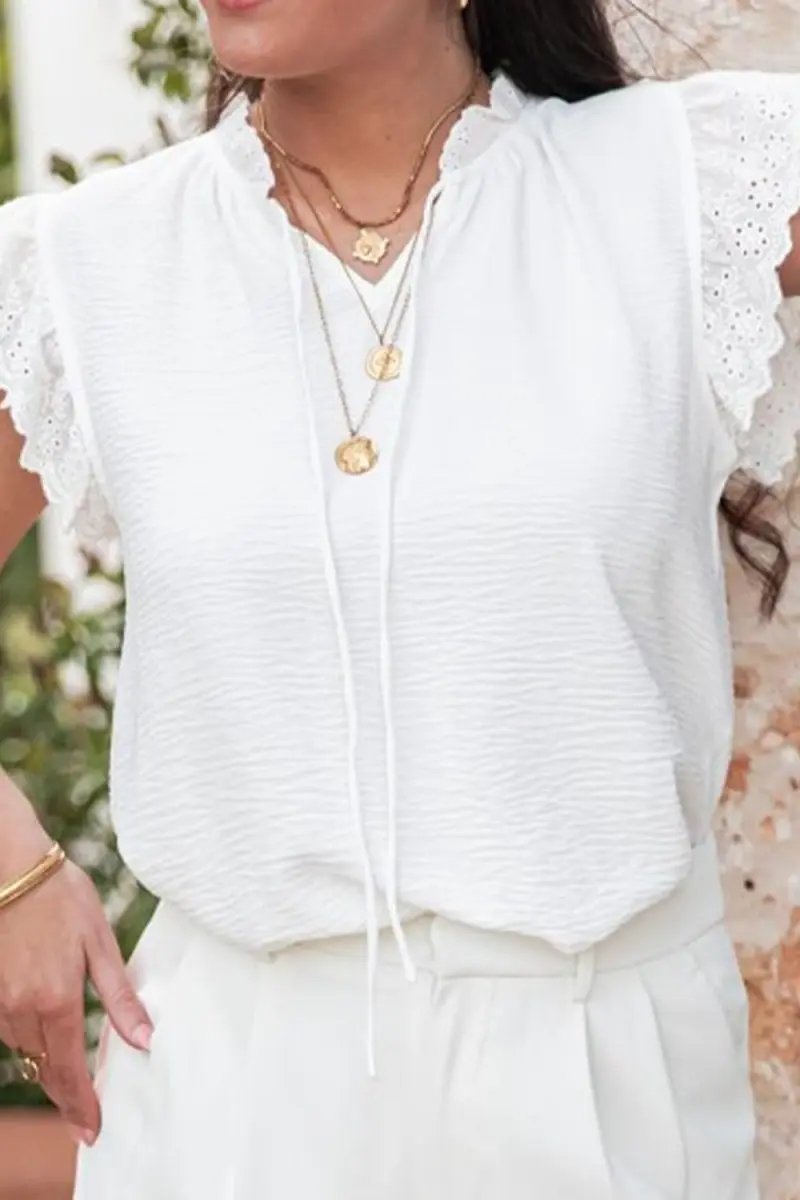 Women's Blouse Blouse - Ruffled Tie Neck Cap Sleeve - Elegant Office Date Top