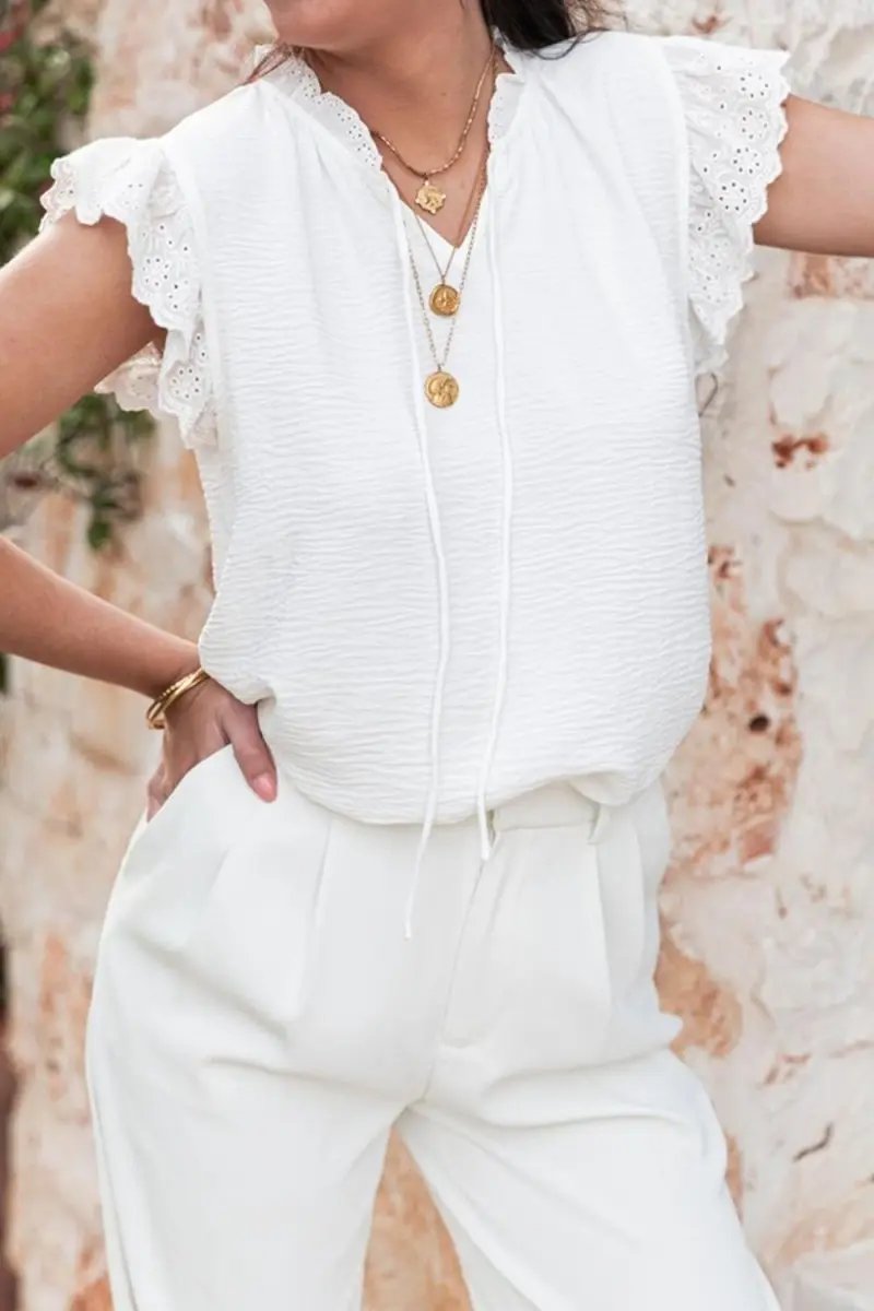 Women's Blouse Blouse - Ruffled Tie Neck Cap Sleeve - Elegant Office Date Top