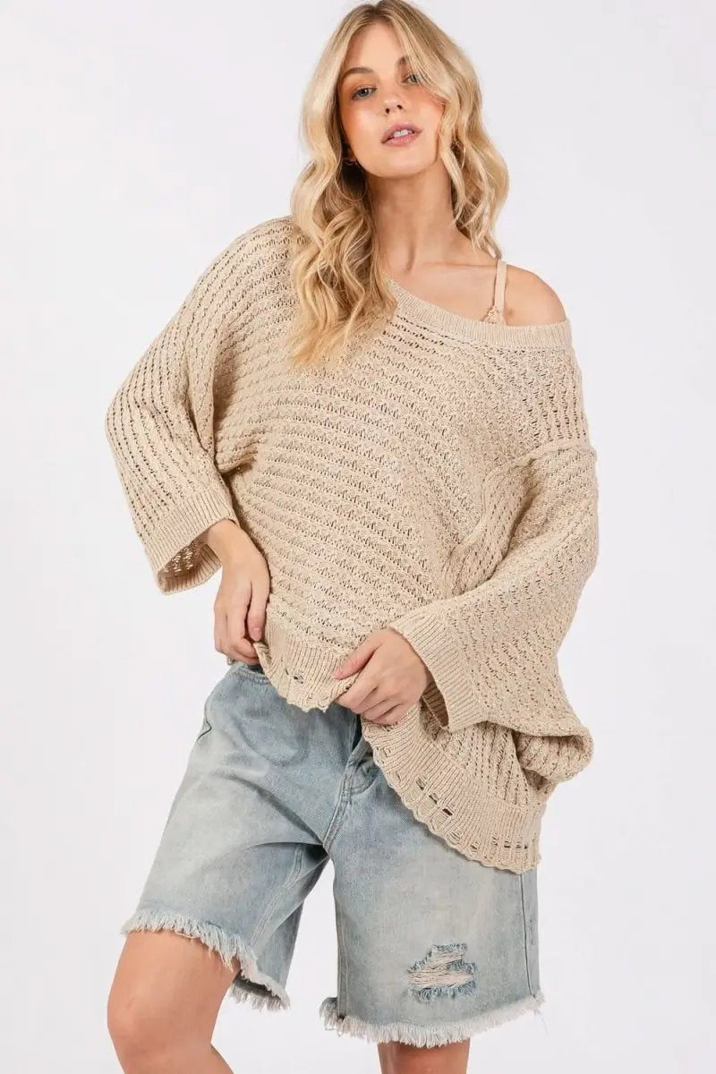 Sweaters Trendsi Distressed Knit Sweater Women's Casual Open Stitch Comfy Top
