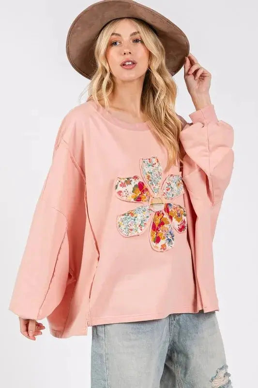 Pants Trendsi Flower Patch Top Women's Casual Oversize Tee Dropped Shoulder USA Ship