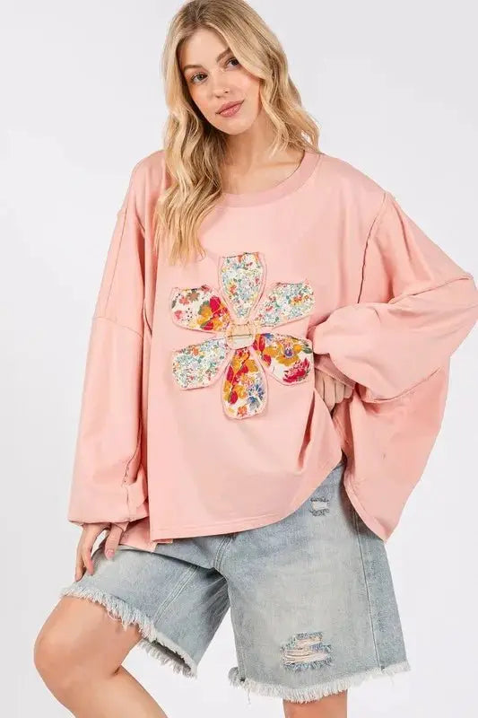 Pants Trendsi Flower Patch Top Women's Casual Oversize Tee Dropped Shoulder USA Ship