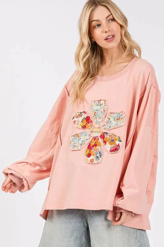 Pants Trendsi Flower Patch Top Women's Casual Oversize Tee Dropped Shoulder USA Ship
