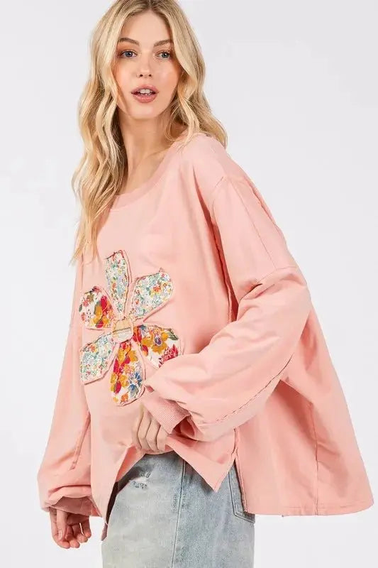 Pants Trendsi Flower Patch Top Women's Casual Oversize Tee Dropped Shoulder USA Ship