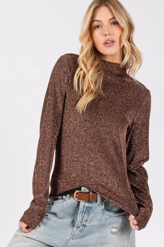 T-Shirts Trendsi Glitter Mock Neck Top Women's Party/Date Night Long Sleeve Lettuce Hem Shirt