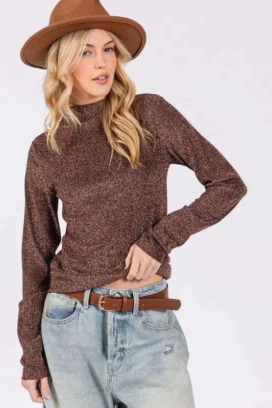 T-Shirts Trendsi Glitter Mock Neck Top Women's Party/Date Night Long Sleeve Lettuce Hem Shirt