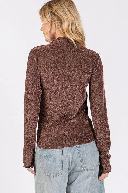 T-Shirts Trendsi Glitter Mock Neck Top Women's Party/Date Night Long Sleeve Lettuce Hem Shirt
