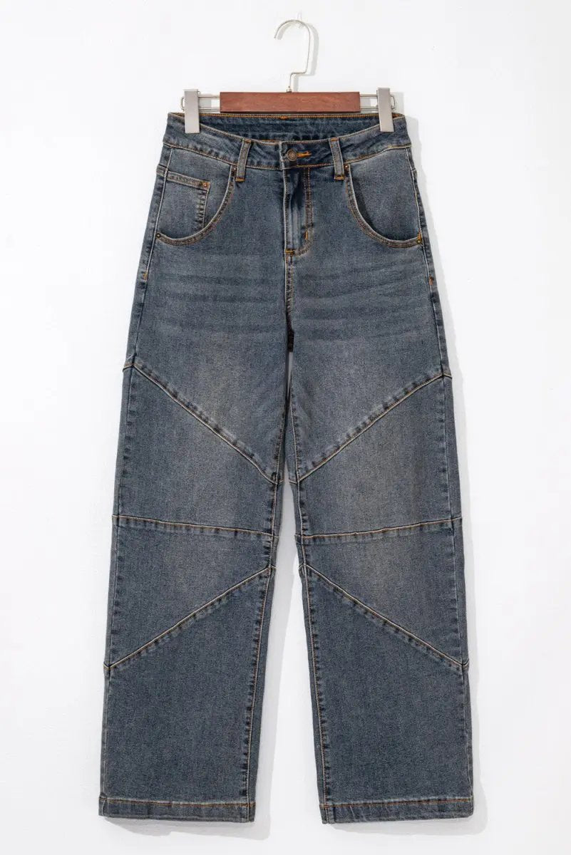 Shoes Love Salve Blue Denim Jeans Women's Daily Wear Wide Leg High Waist + Exposed Stitch