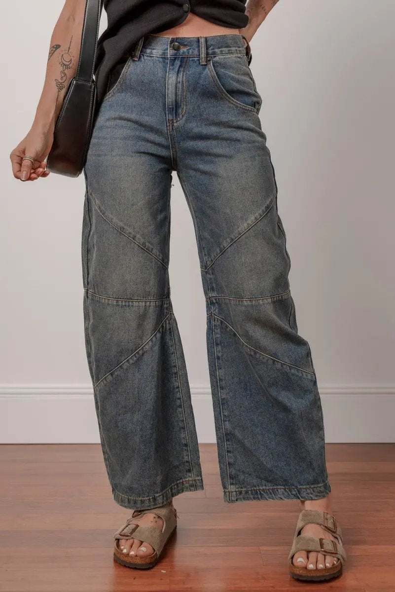 Shoes Love Salve Blue Denim Jeans Women's Daily Wear Wide Leg High Waist + Exposed Stitch
