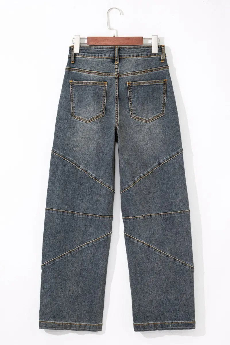 Shoes Love Salve Blue Denim Jeans Women's Daily Wear Wide Leg High Waist + Exposed Stitch