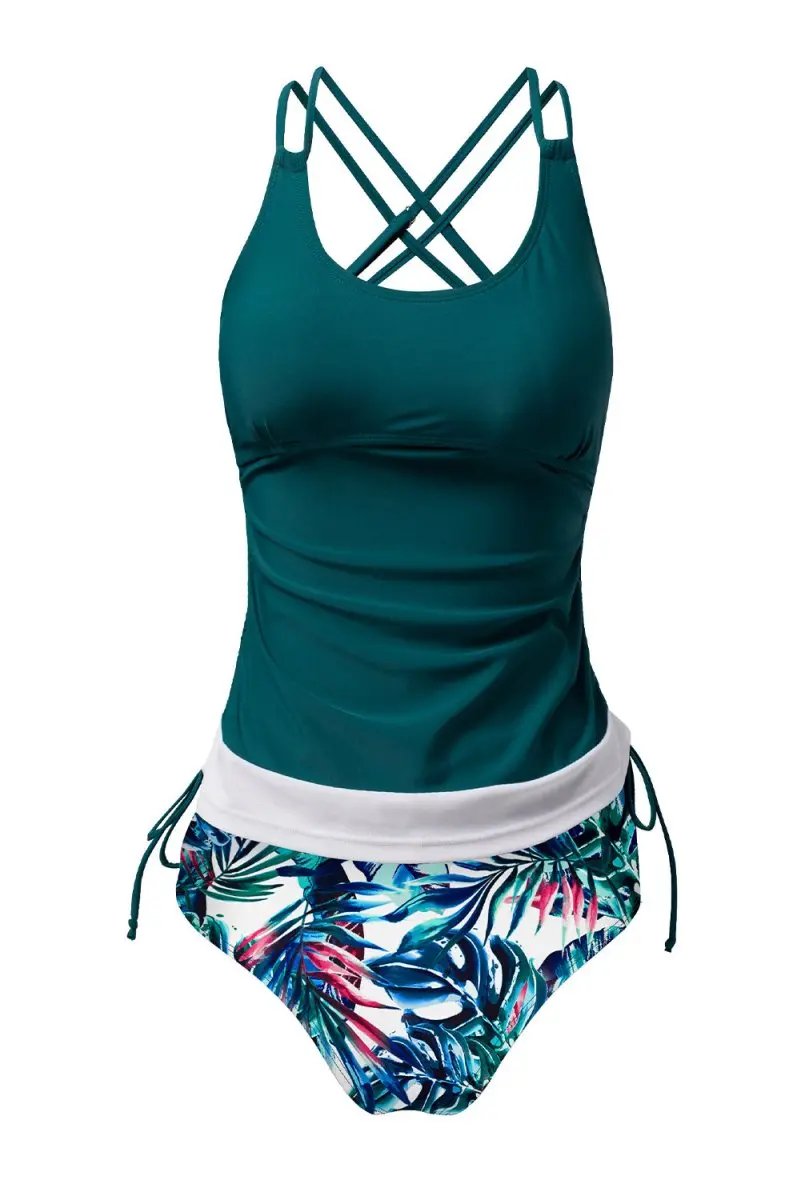 Shorts Love Salve Green Floral Tankini Women's Vacation Swimsuit Tummy Control Set