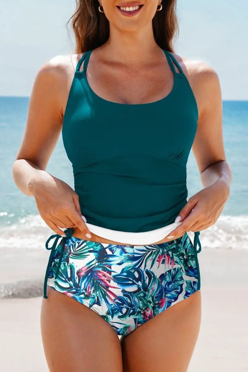 Shorts Love Salve Green Floral Tankini Women's Vacation Swimsuit Tummy Control Set