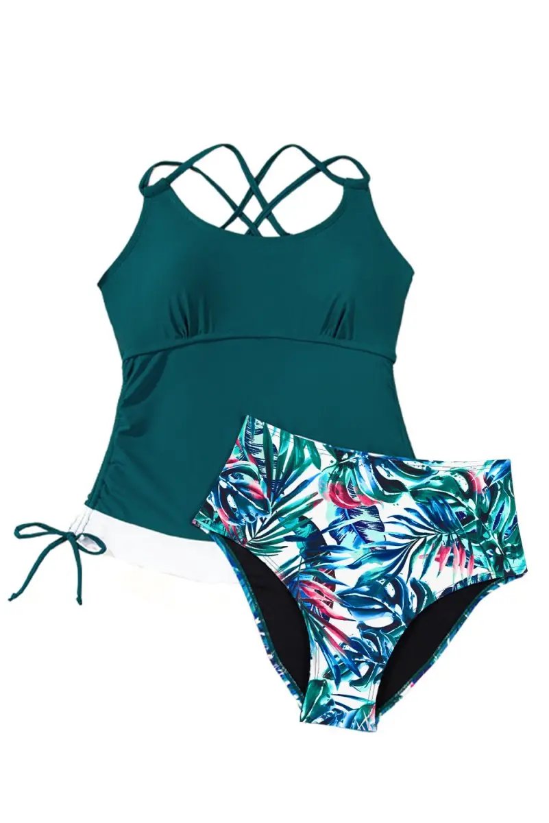 Shorts Love Salve Green Floral Tankini Women's Vacation Swimsuit Tummy Control Set
