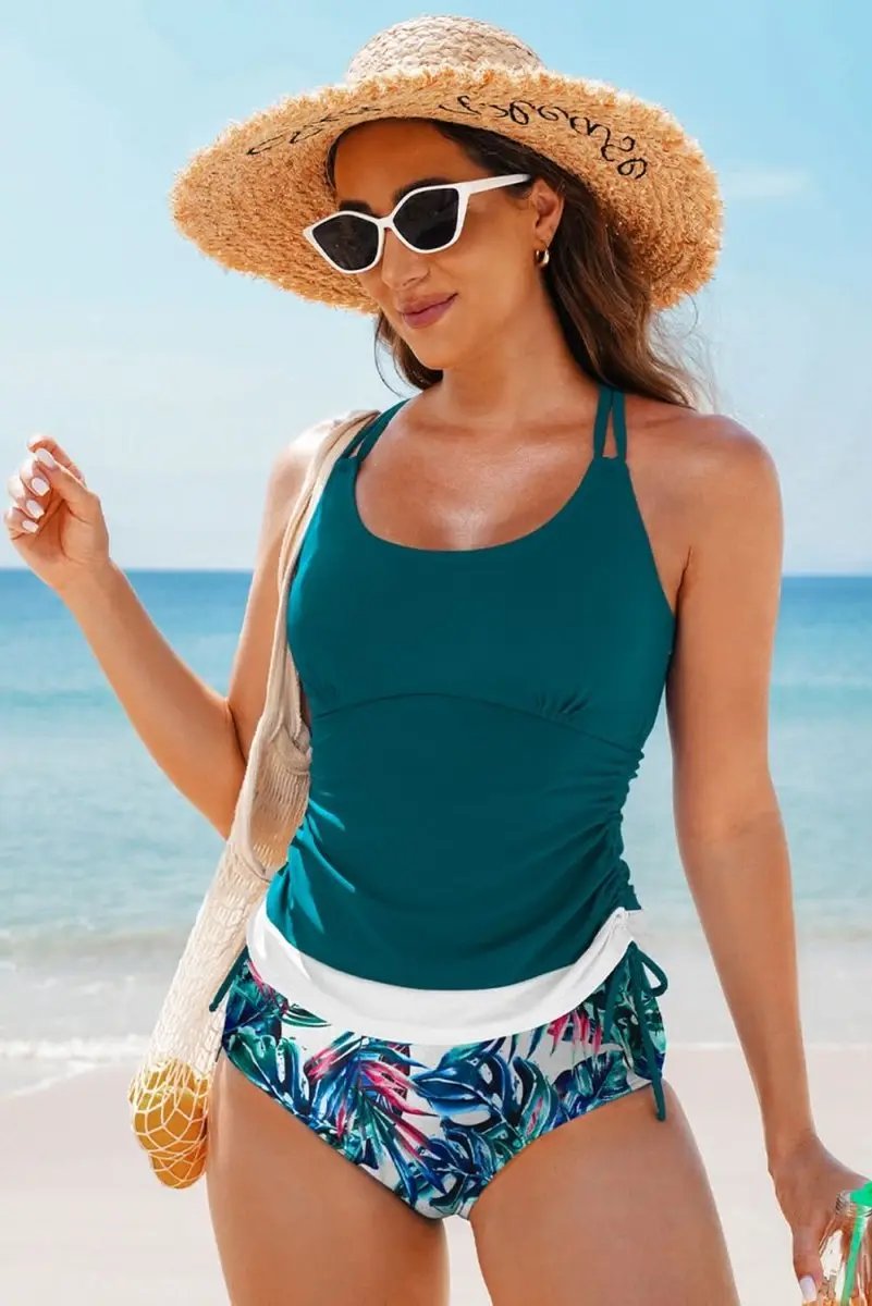 Shorts Love Salve Green Floral Tankini Women's Vacation Swimsuit Tummy Control Set
