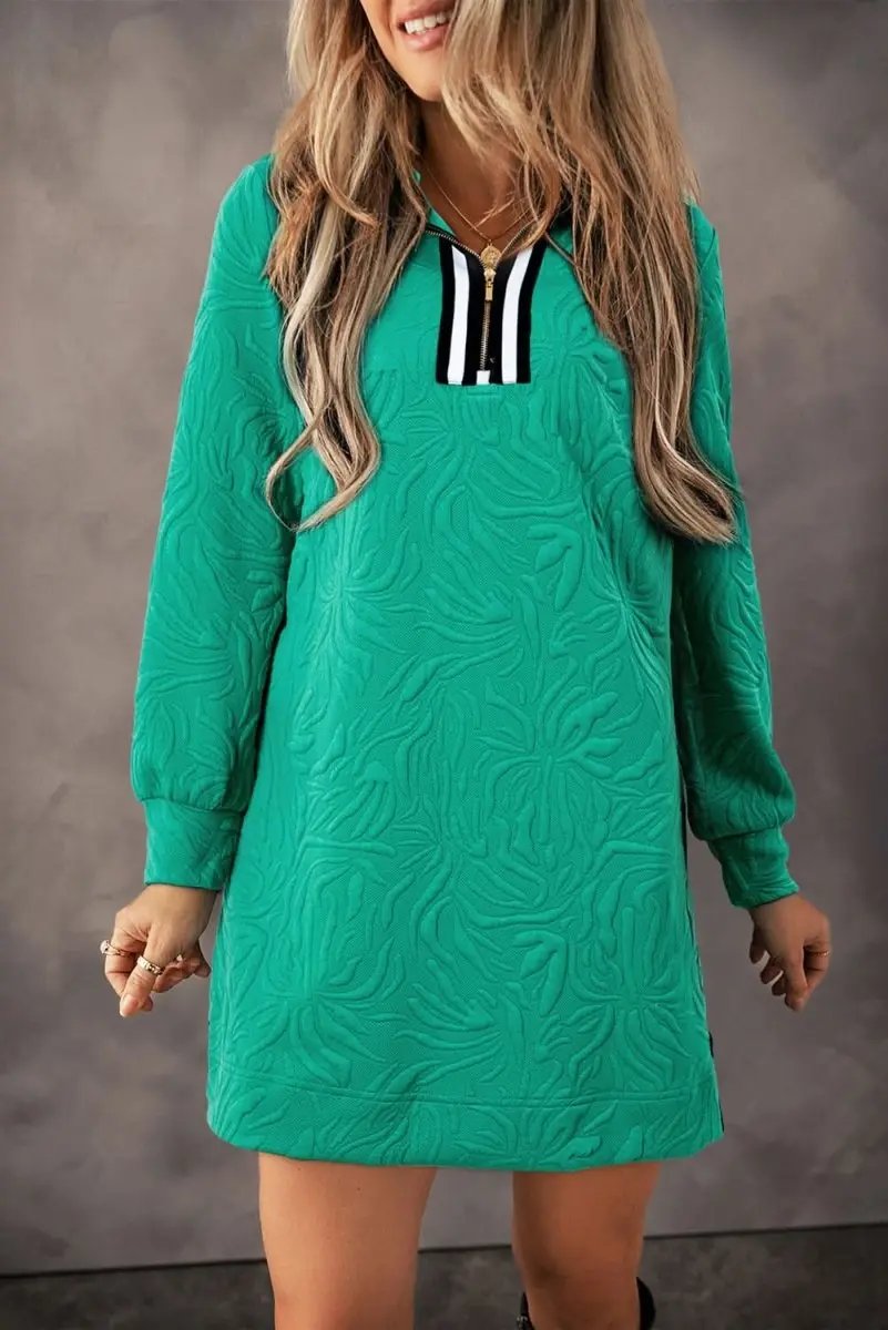 Love Salve Green Jacquard Mini Dress — Textured Casual Shift