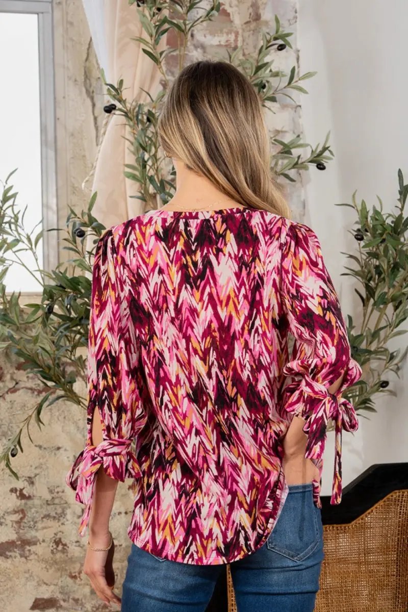 Pants Trendsi Printed V-Neck Blouse Women's Casual Top with Sleeve Knot Detail