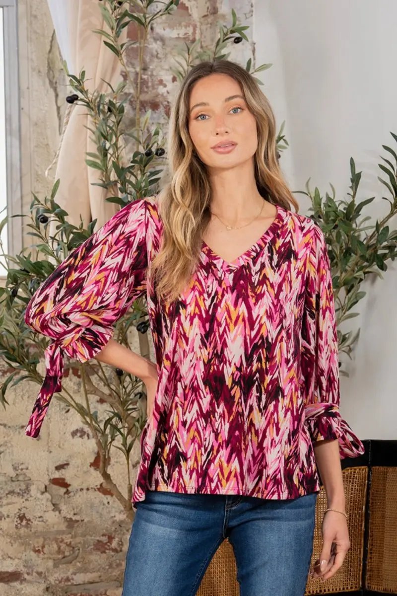 Pants Trendsi Printed V-Neck Blouse Women's Casual Top with Sleeve Knot Detail