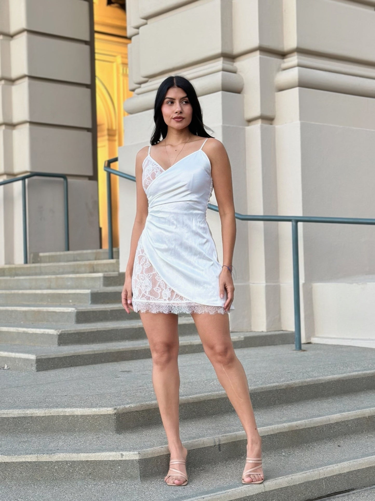 White Satin Wrap Like & Lace Mini Cami Slip Dress