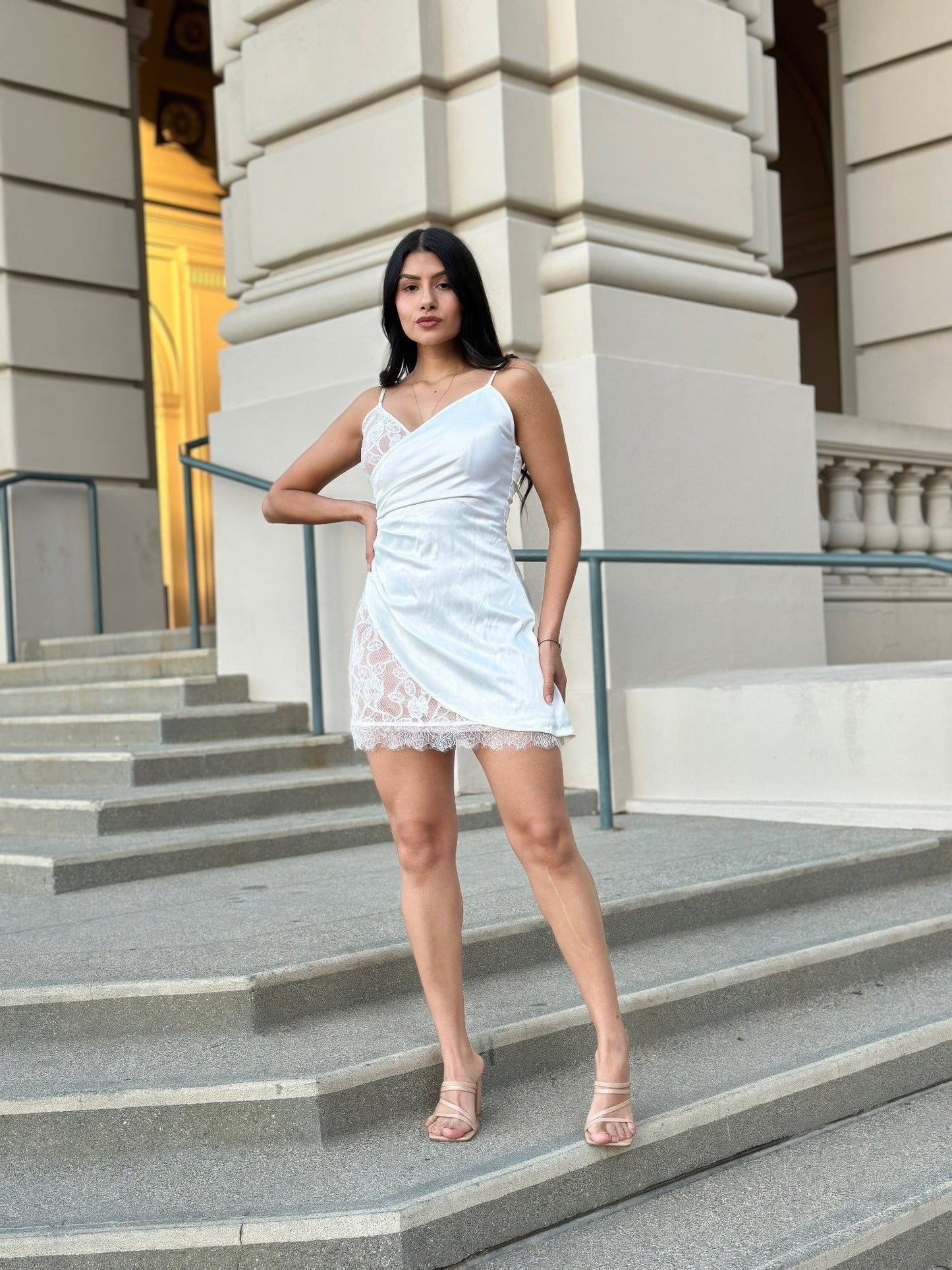 White Satin Wrap Like & Lace Mini Cami Slip Dress