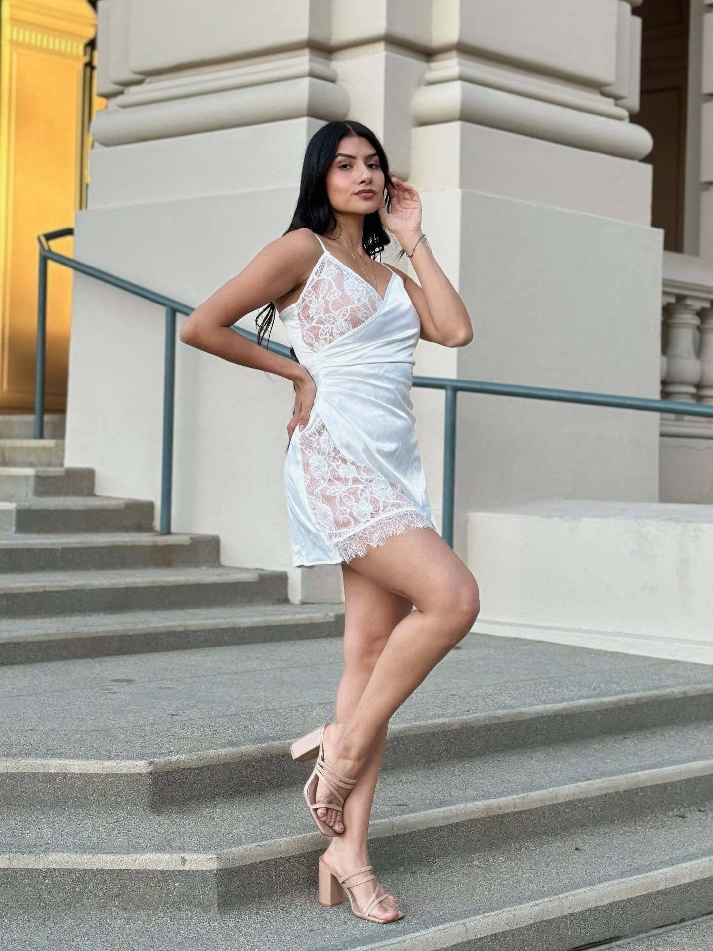 White Satin Wrap Like & Lace Mini Cami Slip Dress