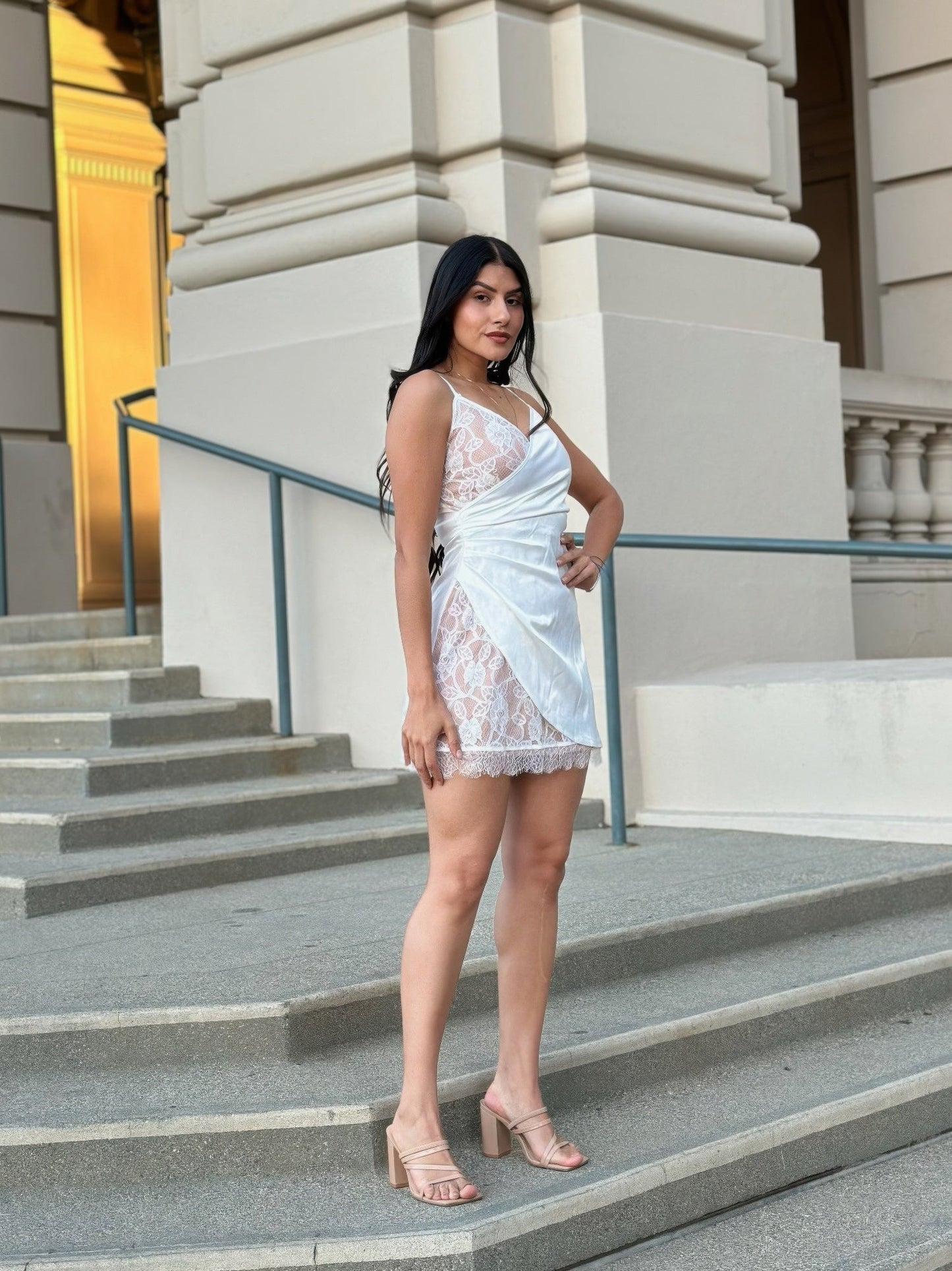 White Satin Wrap Like & Lace Mini Cami Slip Dress