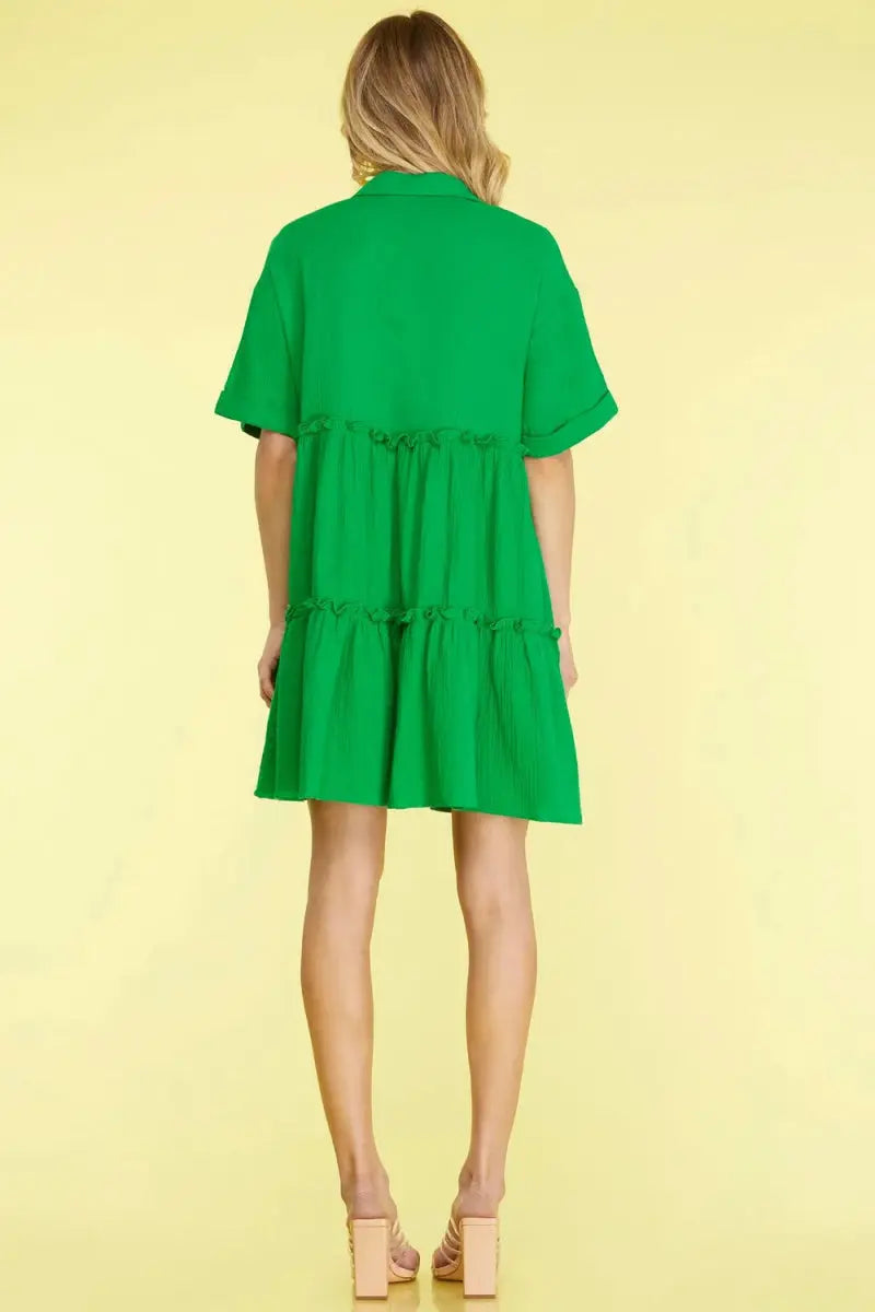 Trendsi Mini Dress - Tiered Button Front Frill Green
