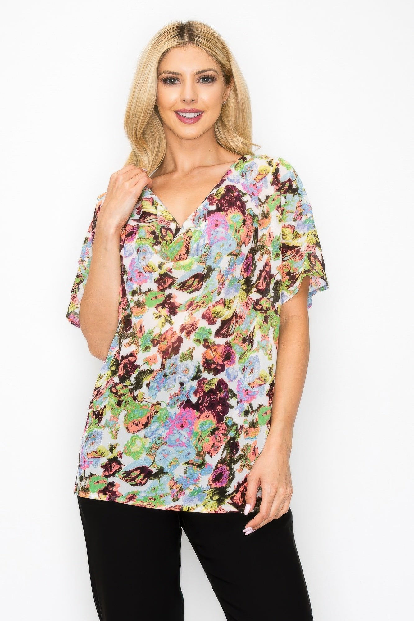 Sheer Neon Floral Cowl Neck Whimsgoth Relaxed Top