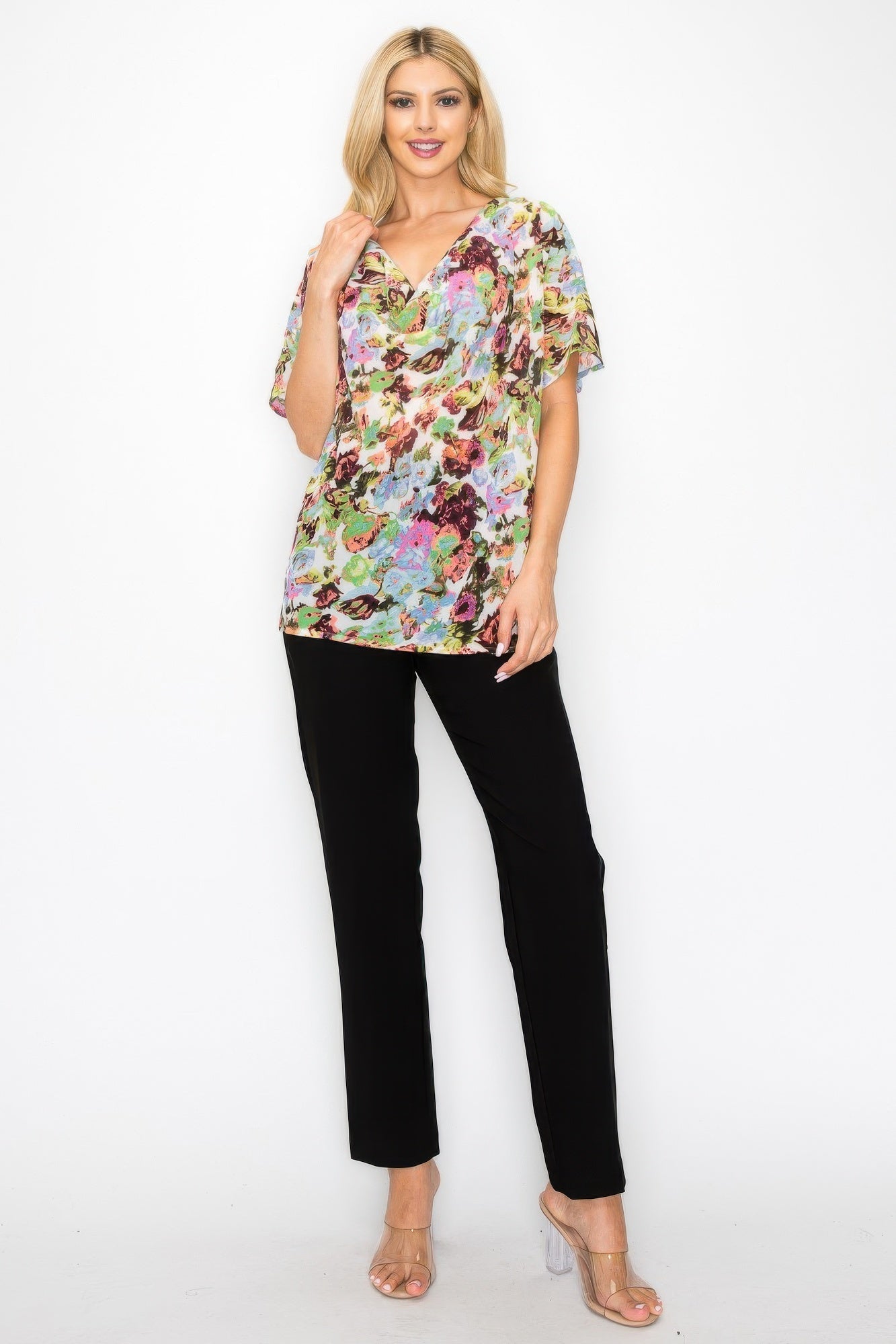 Sheer Neon Floral Cowl Neck Whimsgoth Relaxed Top