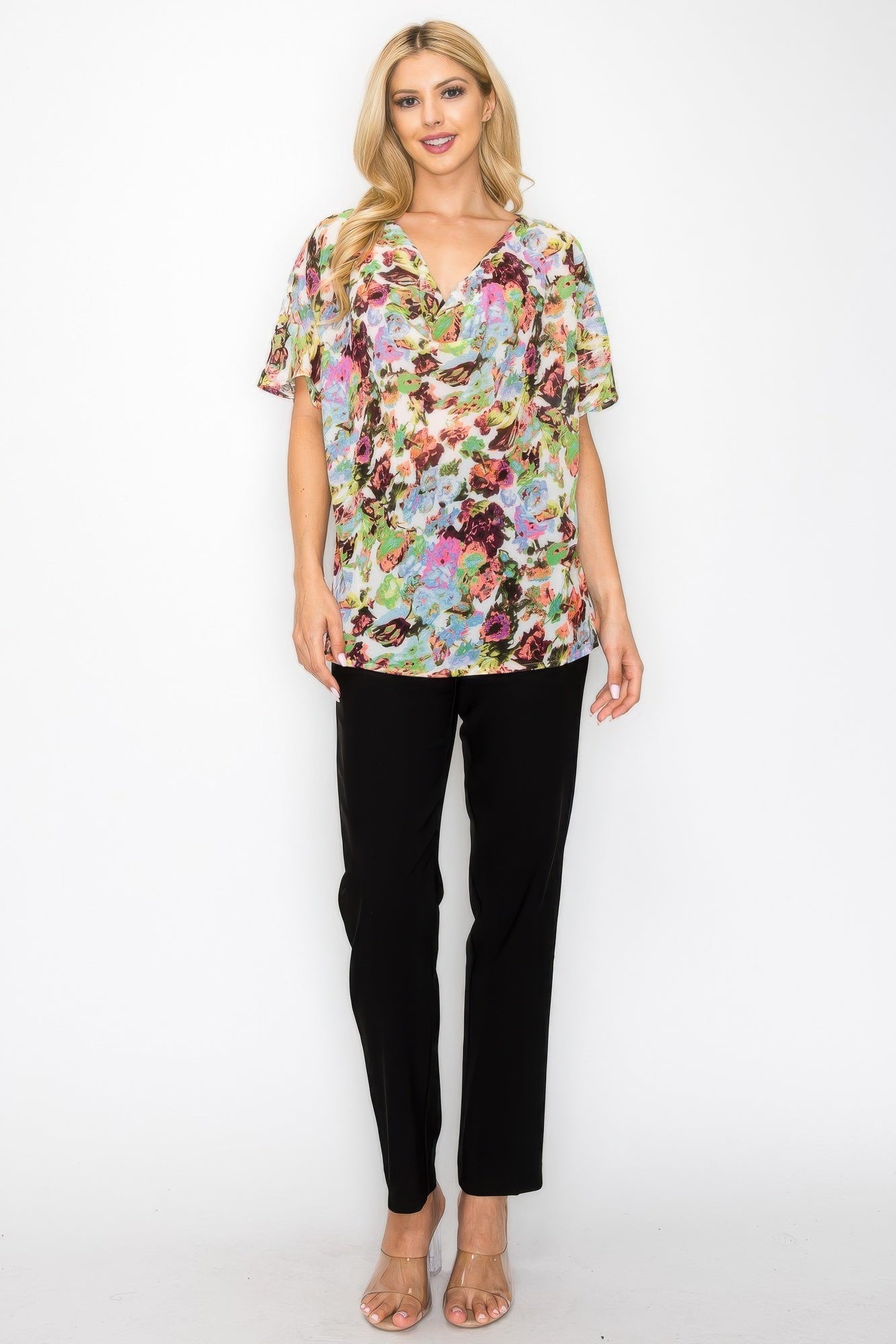 Sheer Neon Floral Cowl Neck Whimsgoth Relaxed Top