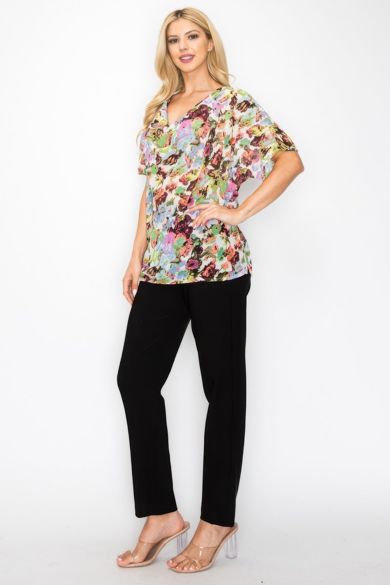 Sheer Neon Floral Cowl Neck Whimsgoth Relaxed Top