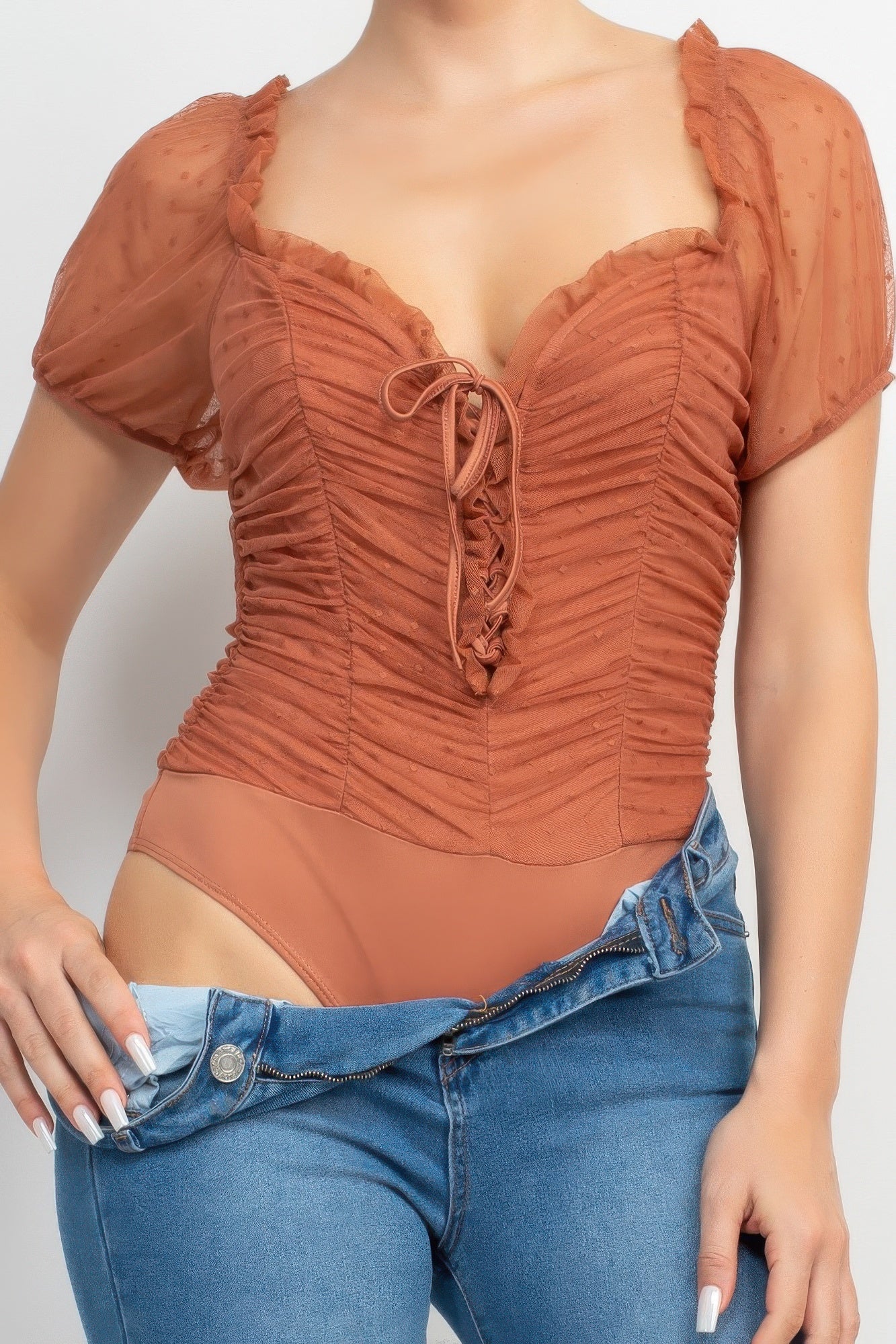 Shirred Mesh Sleeve Bodysuit