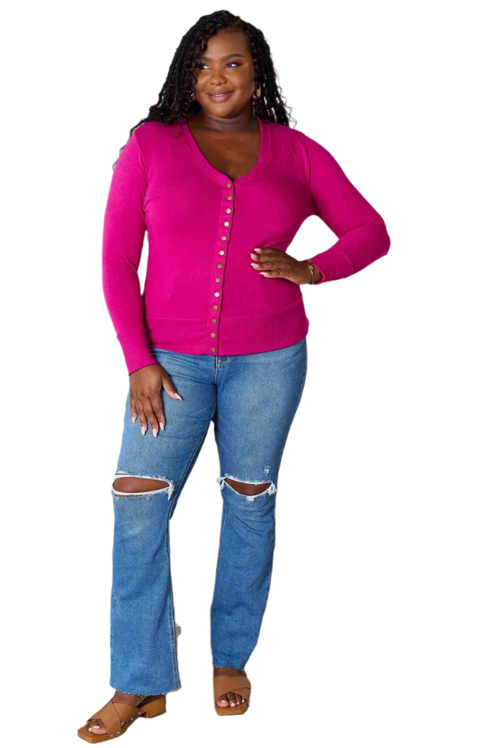 Size XL V-Neck Long Sleeve Fuchsia Cardigan