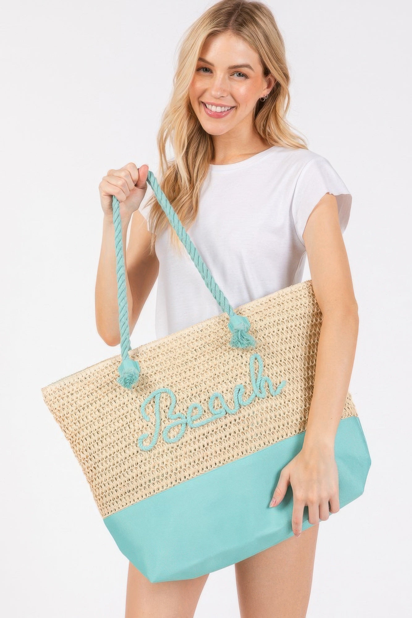 Sewn Rope And Strap Crochet Fabric Beach Tote