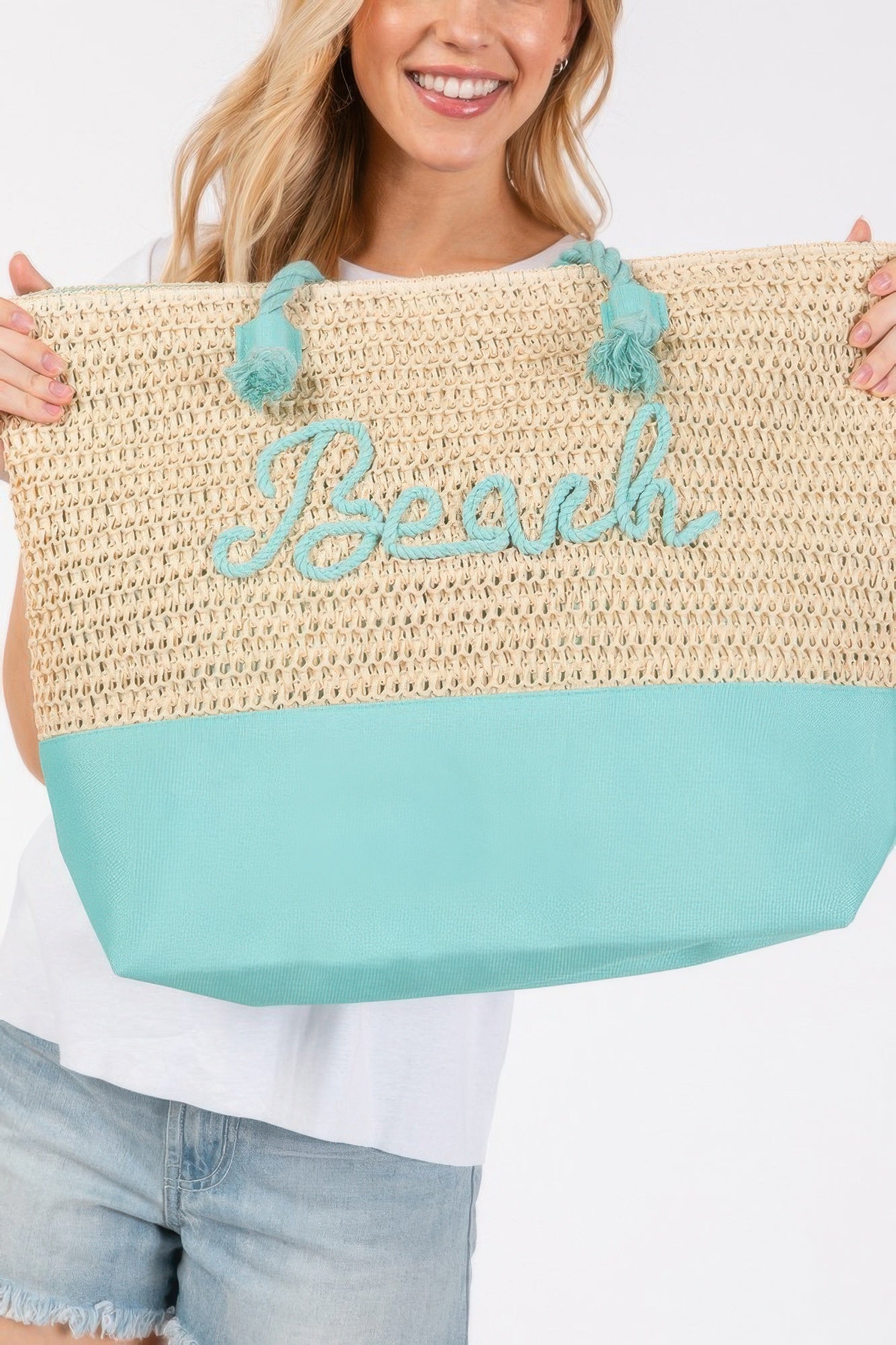 Sewn Rope And Strap Crochet Fabric Beach Tote