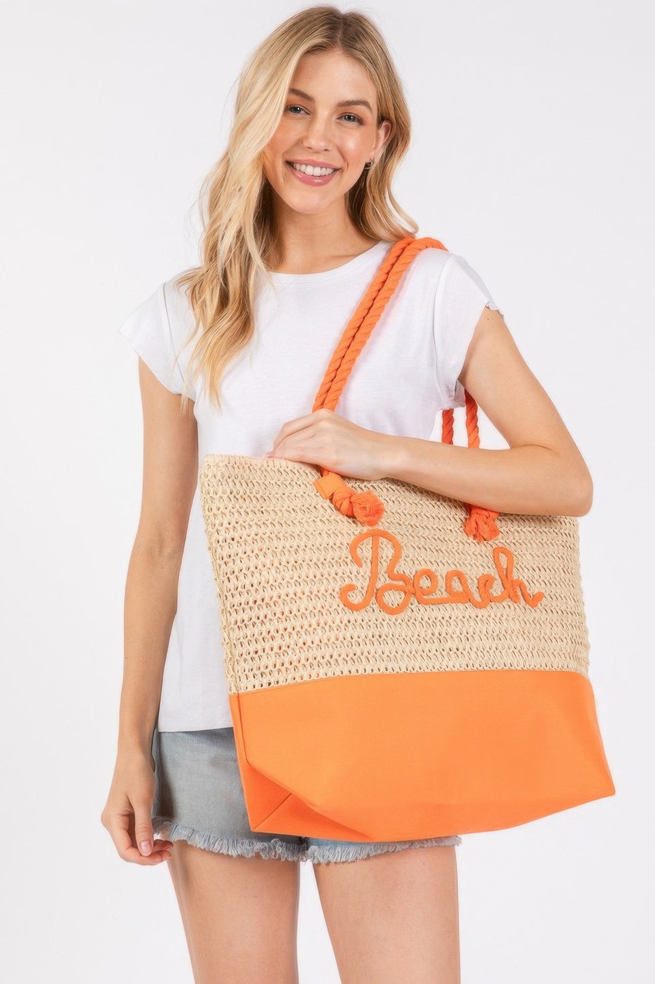 Sewn Rope And Strap Crochet Fabric Beach Tote