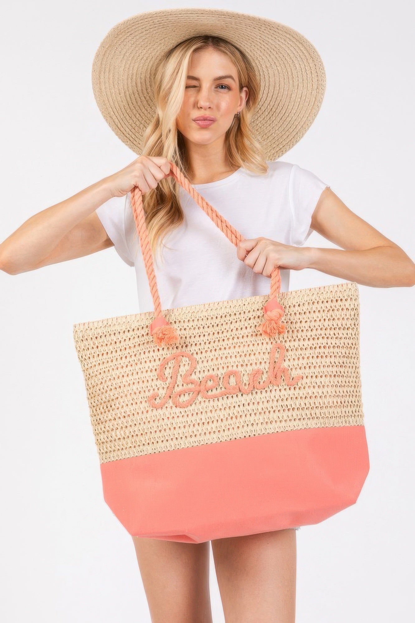 Sewn Rope And Strap Crochet Fabric Beach Tote