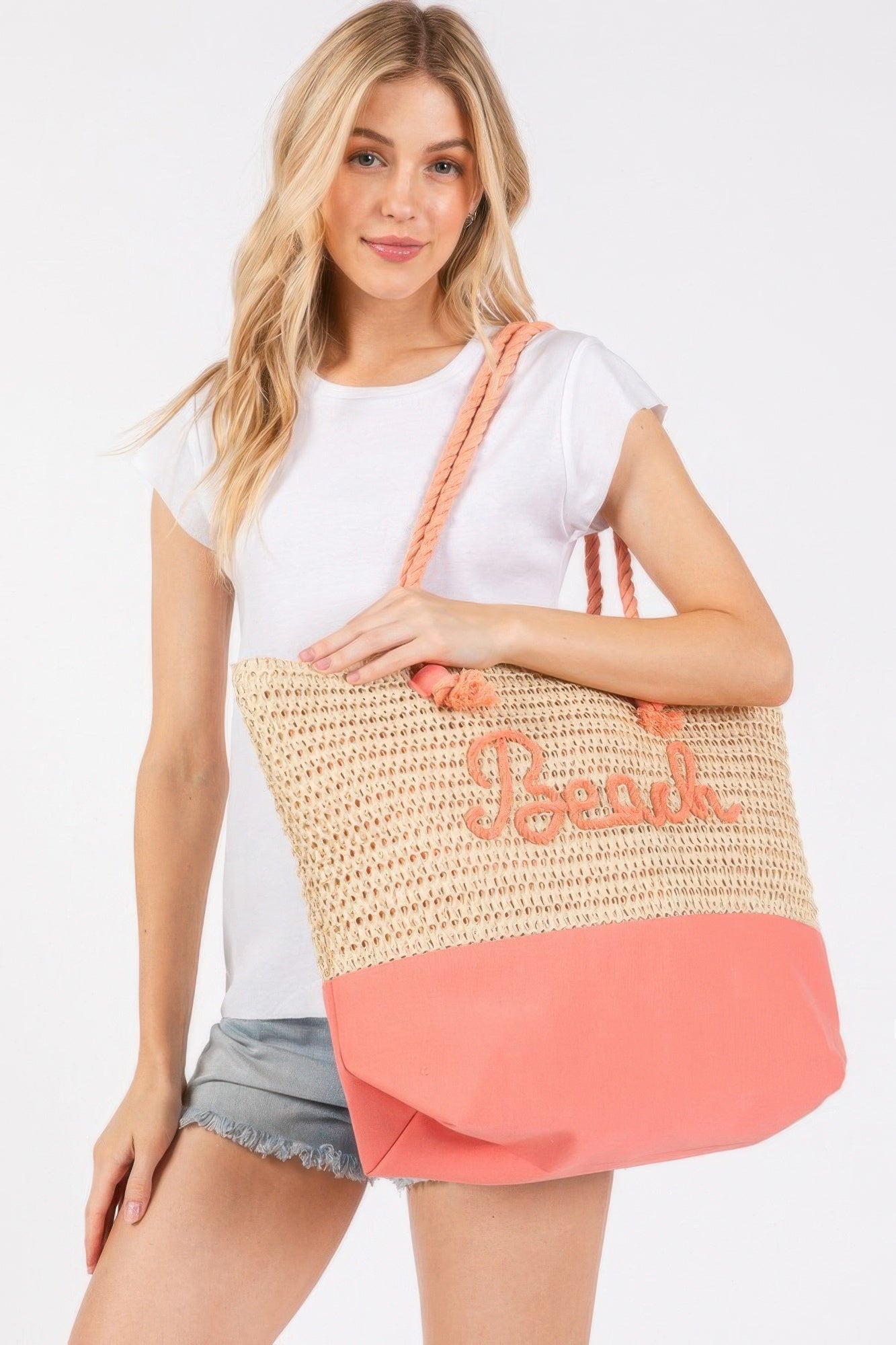 Sewn Rope And Strap Crochet Fabric Beach Tote