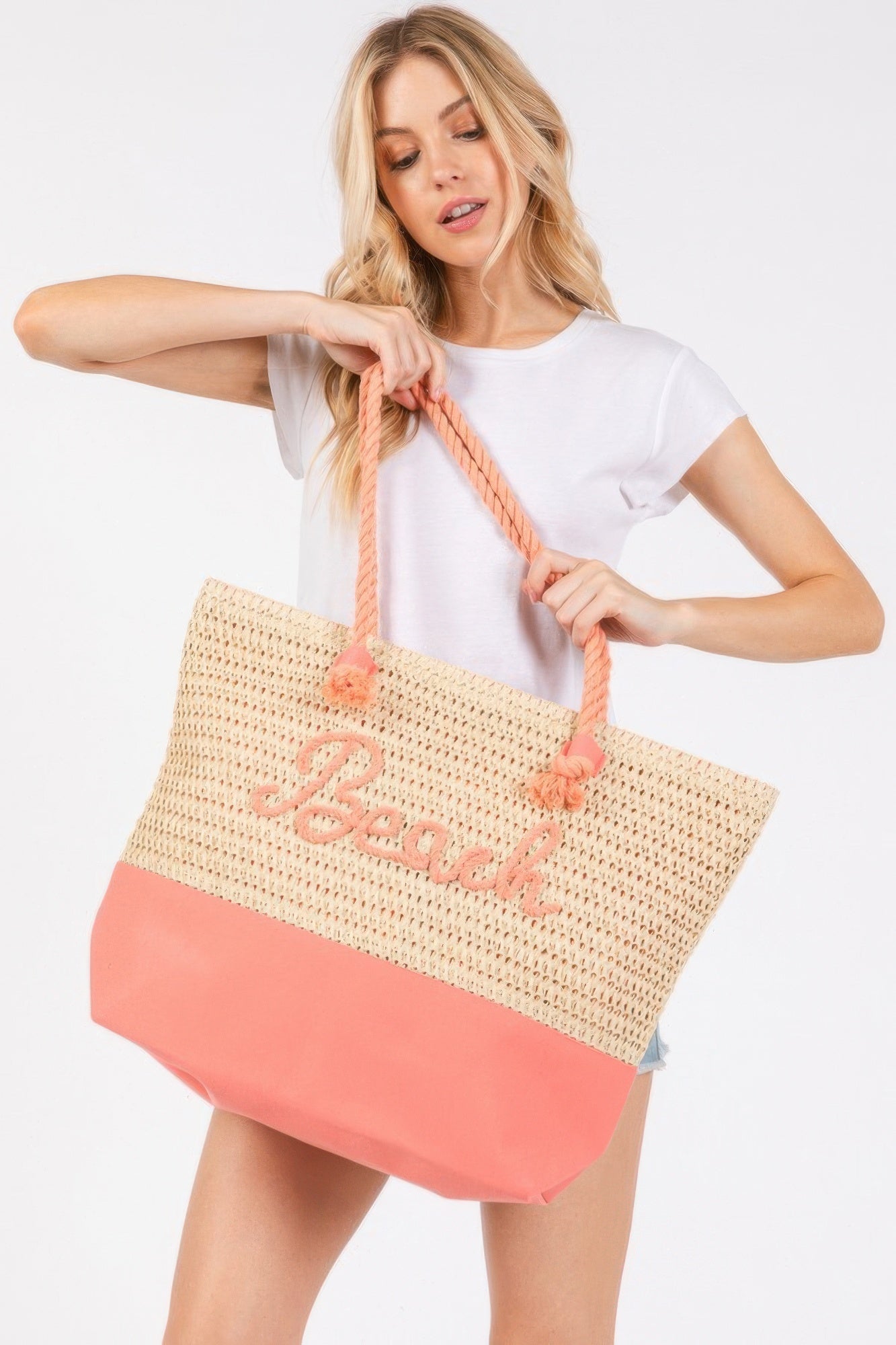 Sewn Rope And Strap Crochet Fabric Beach Tote