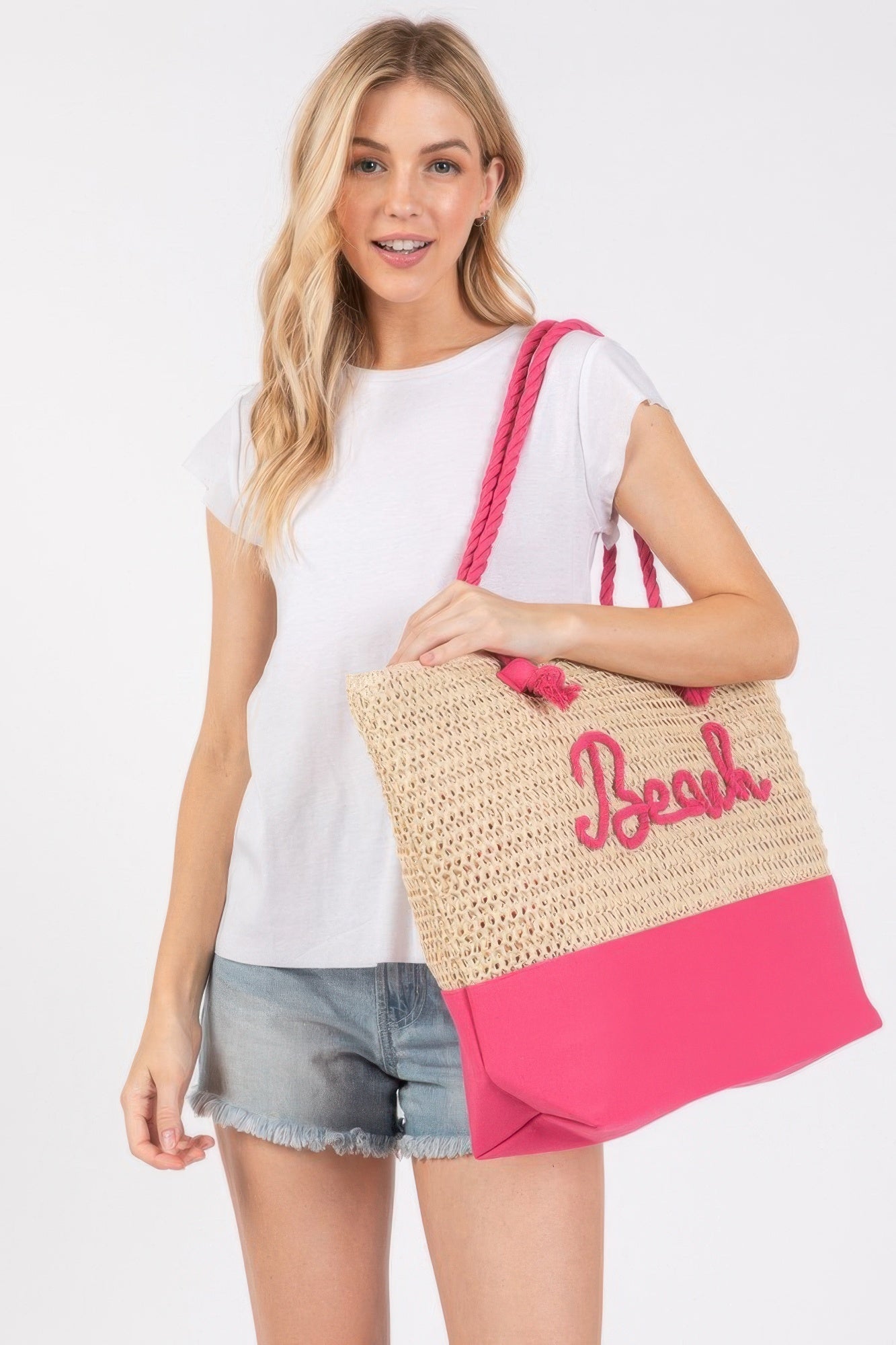 Sewn Rope And Strap Crochet Fabric Beach Tote