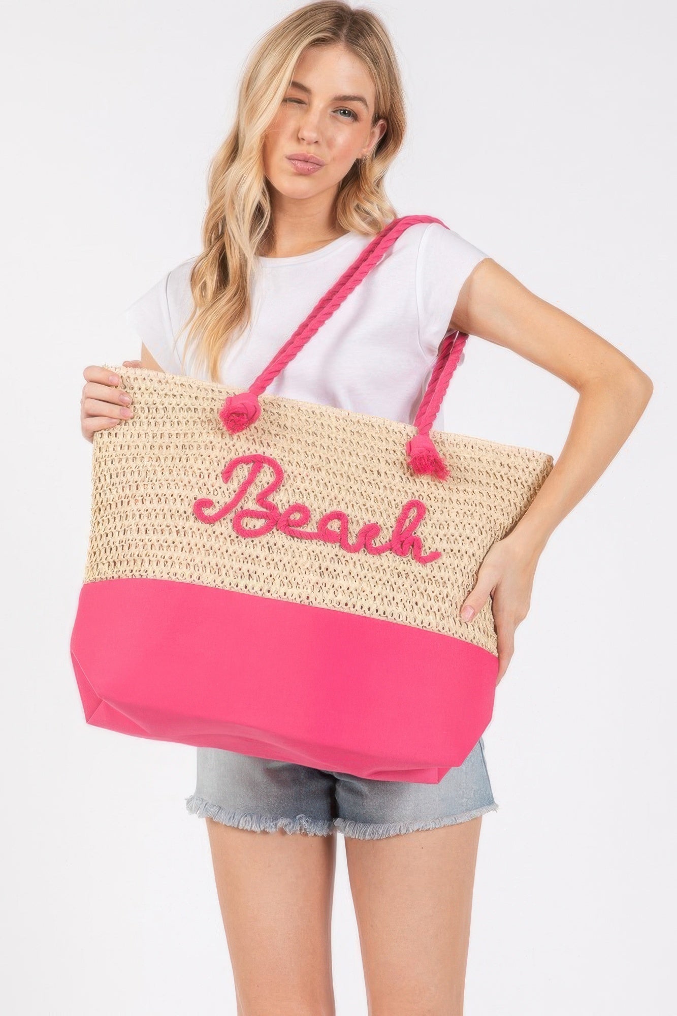 Sewn Rope And Strap Crochet Fabric Beach Tote