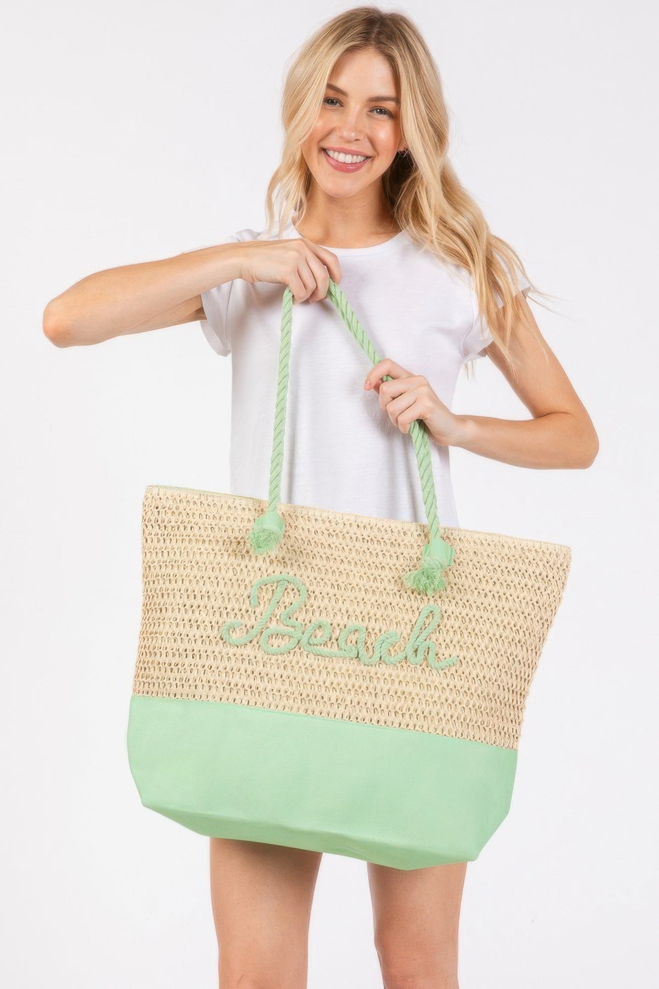 Sewn Rope And Strap Crochet Fabric Beach Tote
