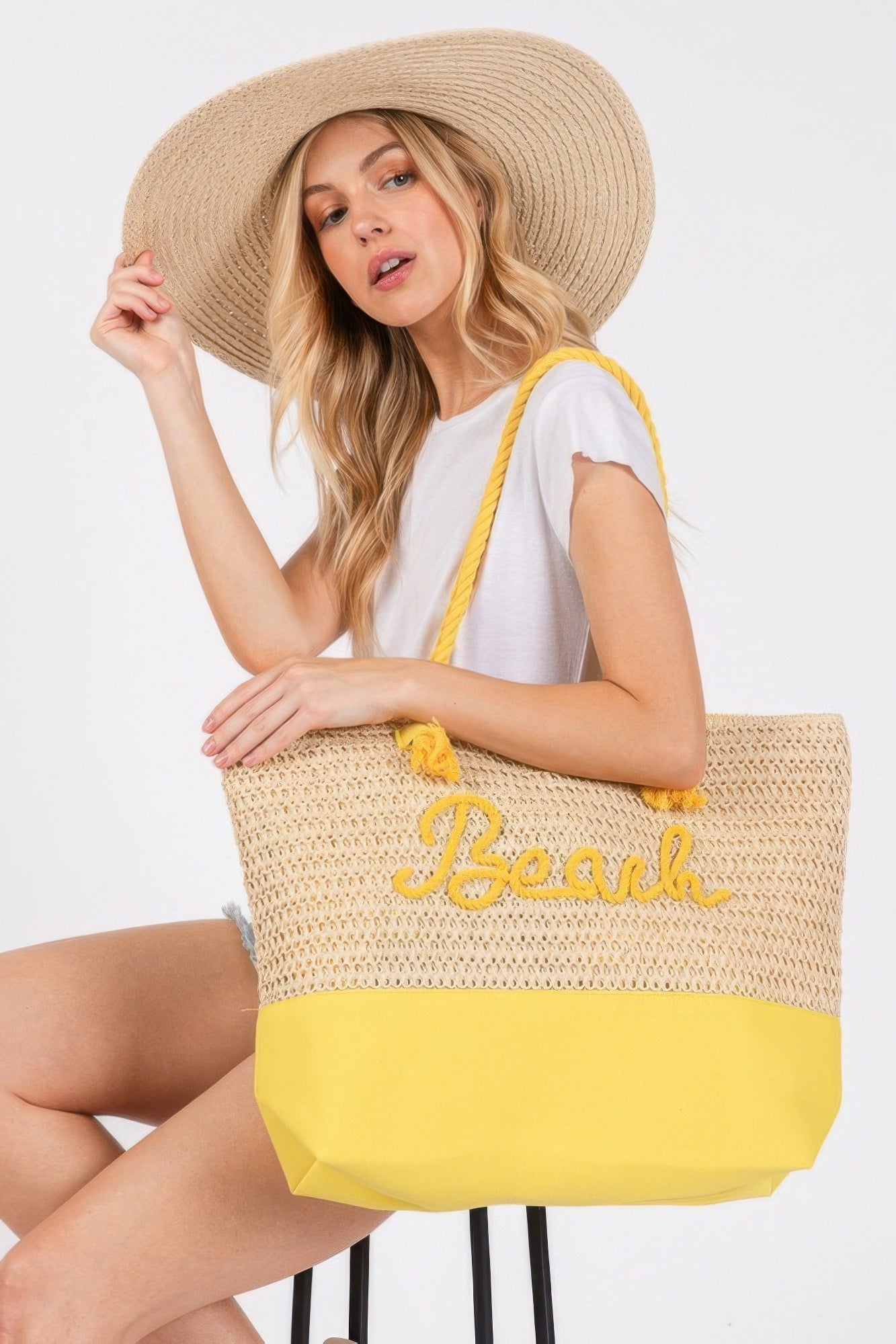 Sewn Rope And Strap Crochet Fabric Beach Tote