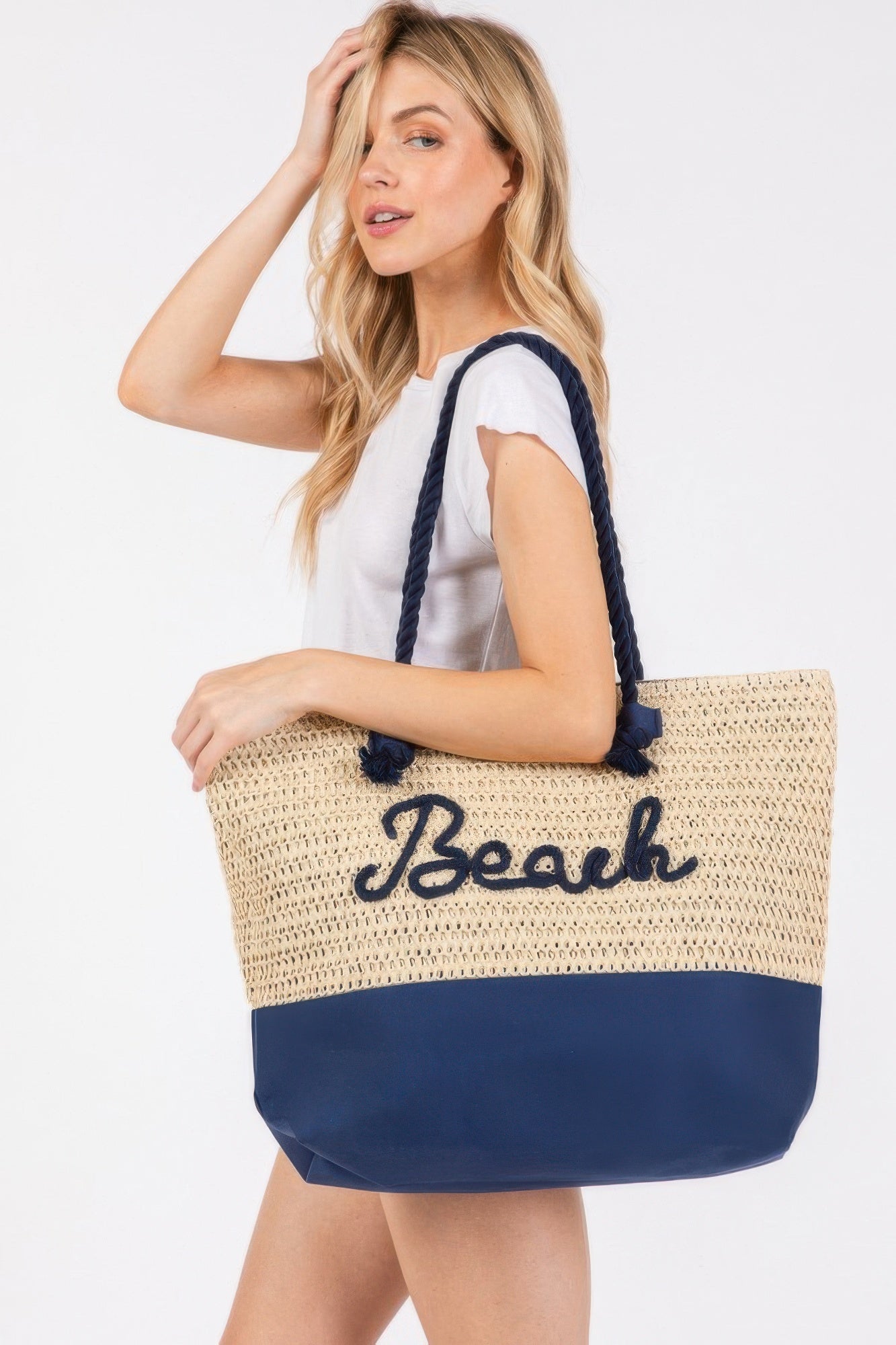 Sewn Rope And Strap Crochet Fabric Beach Tote