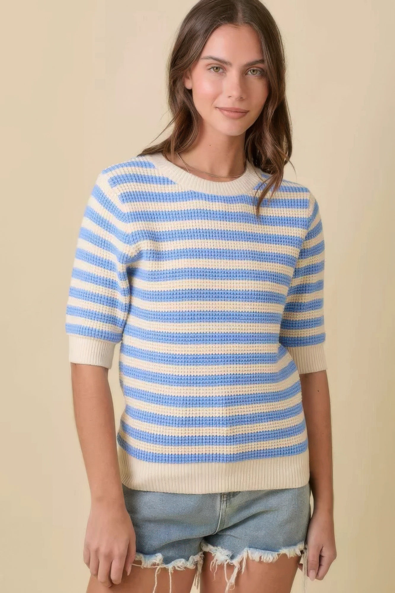 Short Sleeve Sweater Knit Stripe Top